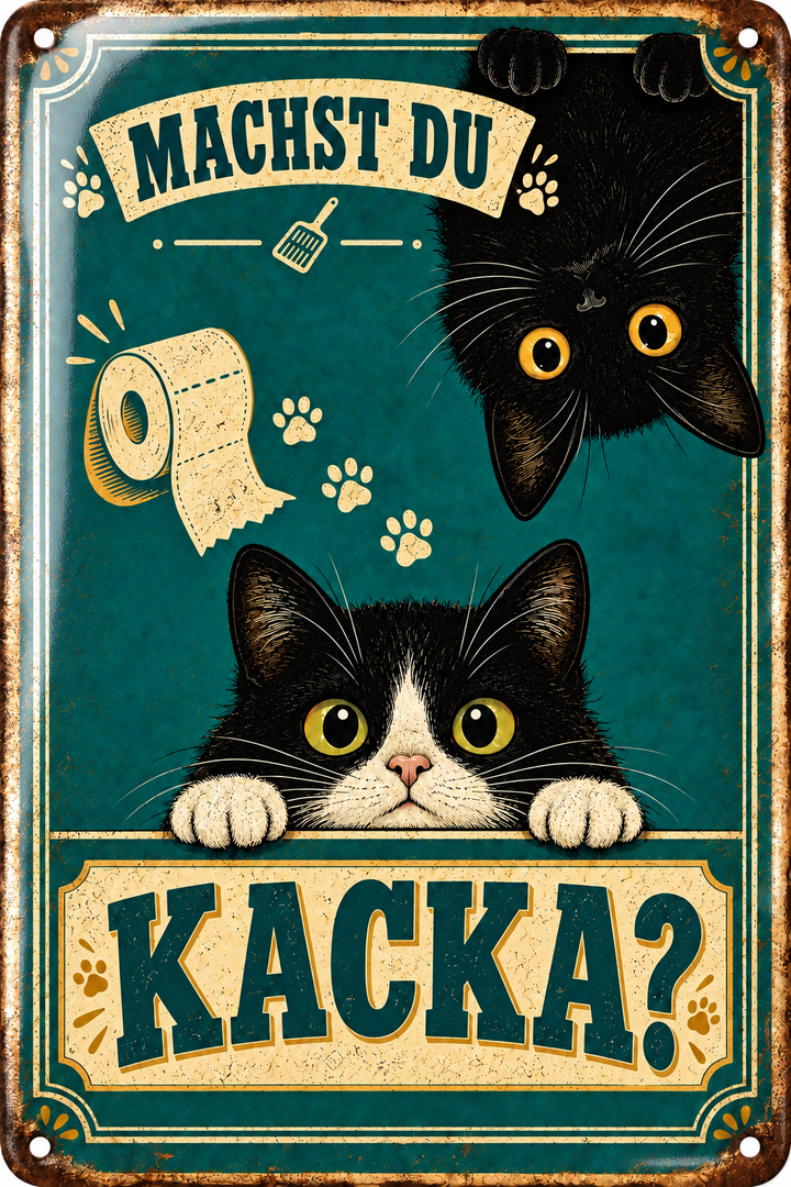 Katzen-WC-Metallschild – Machst du Kacka? von Leotie – Titelbild mit Schimmereffekt, 20 × 30 cm