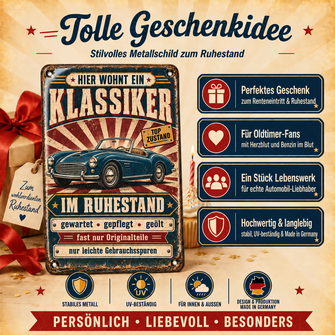 Klassiker im Ruhestand Metallschild – Oldtimer von Leotie – Geschenkidee, 20 × 30 cm