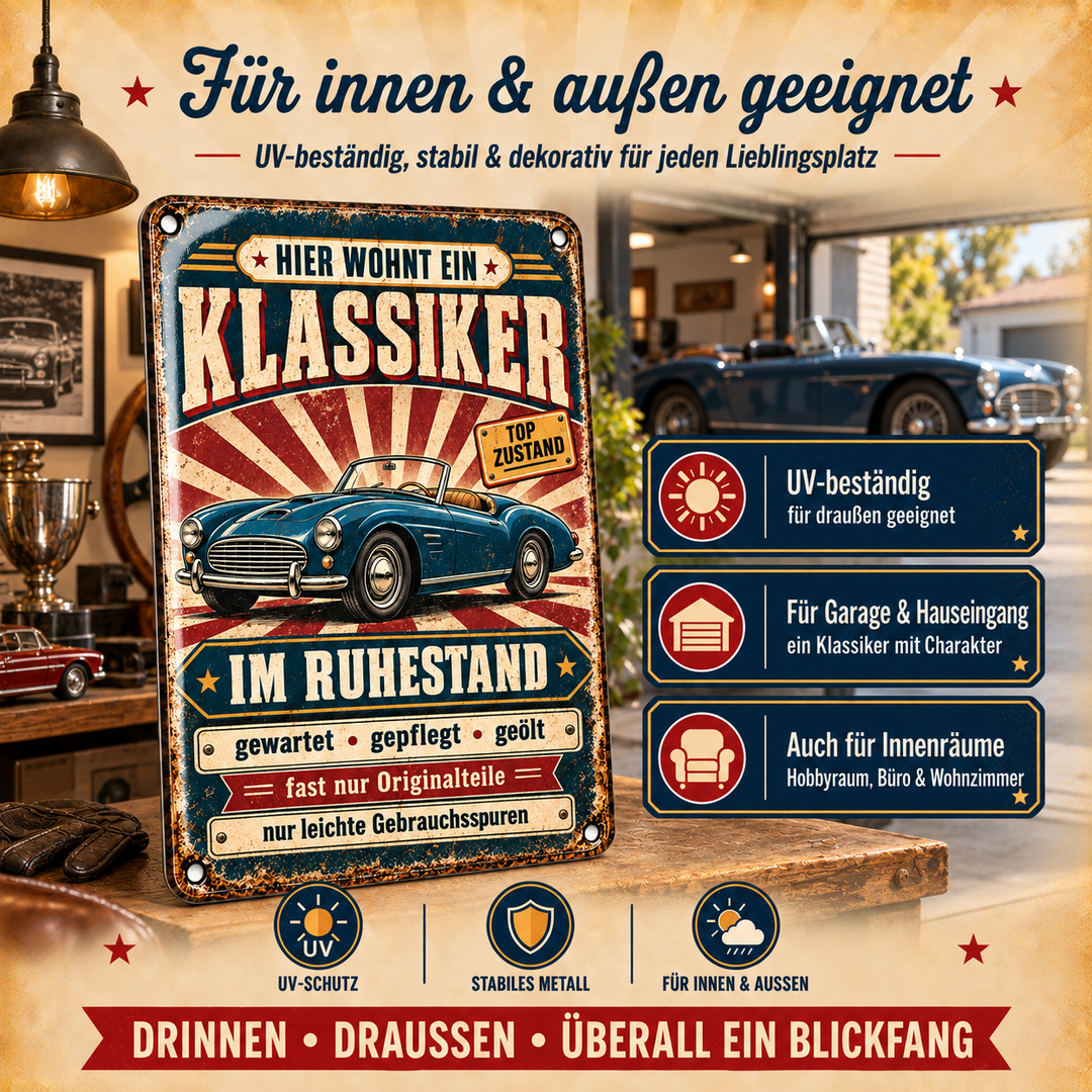 Klassiker im Ruhestand Metallschild – Oldtimer von Leotie – Dekoration für innen und außen, 20 × 30 cm