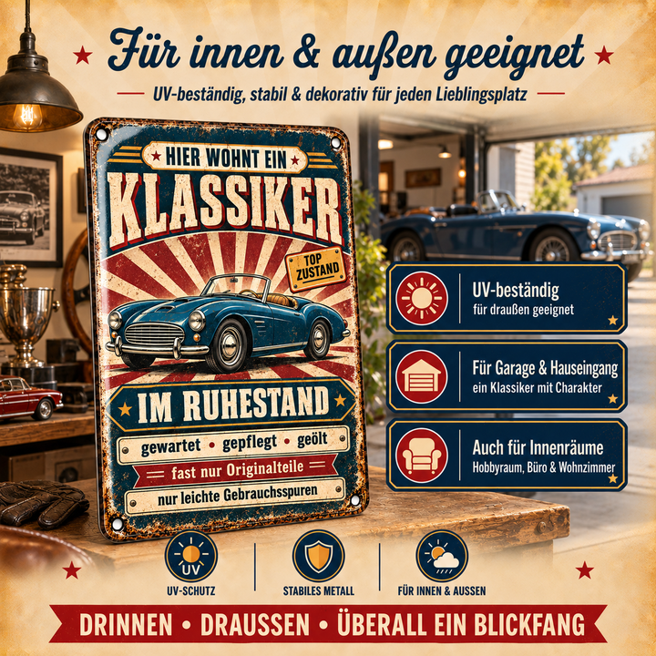 Klassiker im Ruhestand Metallschild – Oldtimer von Leotie – Dekoration für innen und außen, 20 × 30 cm