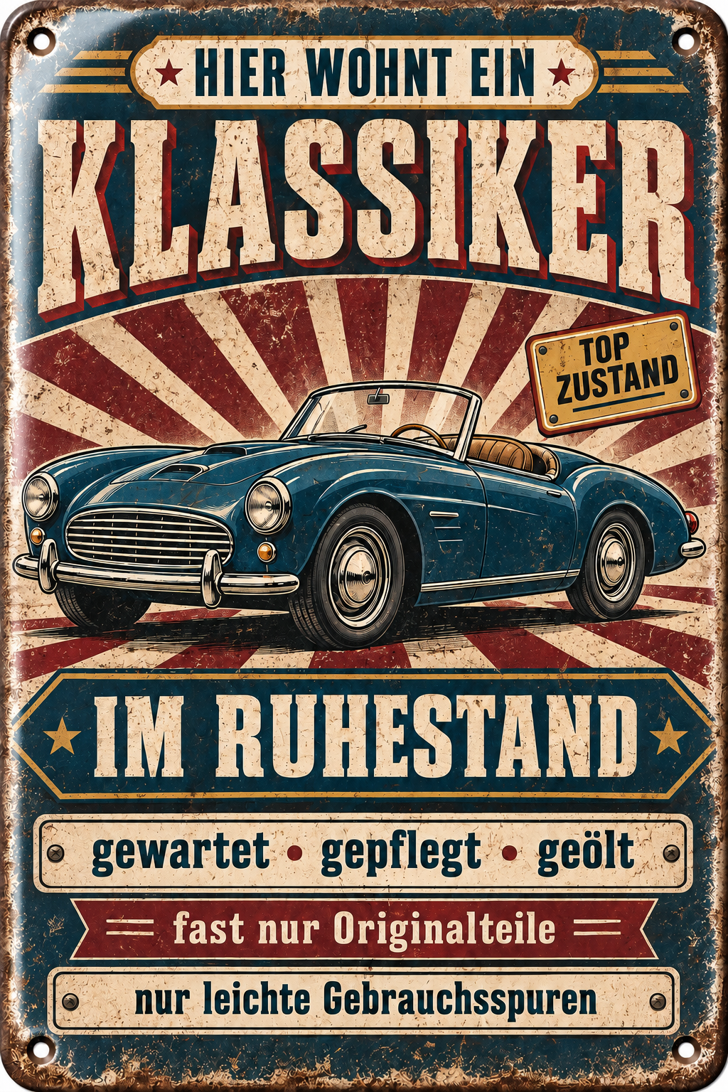 Klassiker im Ruhestand Metallschild – Oldtimer von Leotie – Titelbild mit Schimmereffekt, 20 × 30 cm