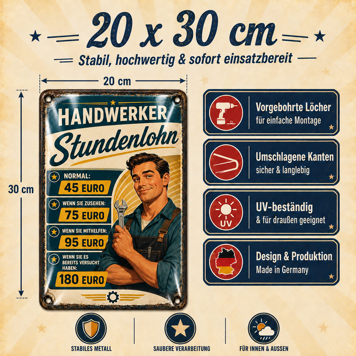 Handwerker-Stundenlohn-Schild: Maßgrafik 20 × 30 cm und dargestellte Produkteigenschaften