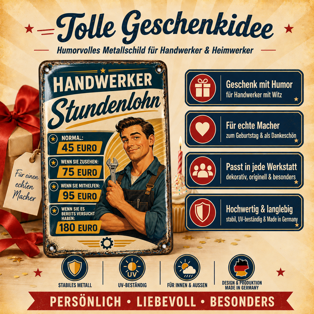 Handwerker-Stundenlohn-Schild als Geschenkidee für Handwerker und Heimwerker