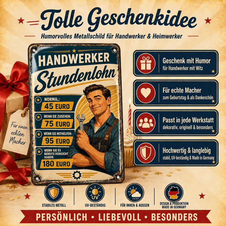 Handwerker-Stundenlohn-Schild als Geschenkidee für Handwerker und Heimwerker