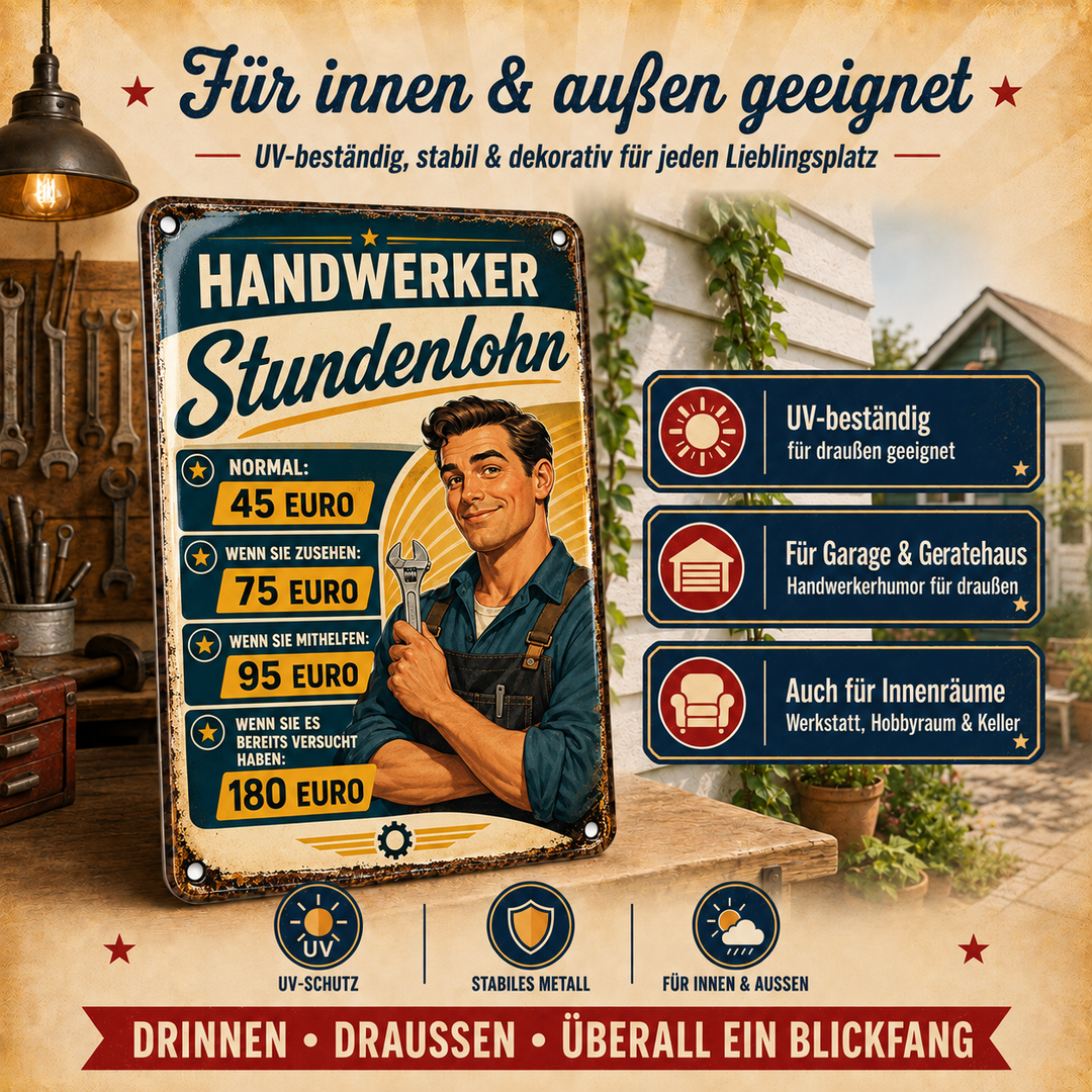 Dekorationsbeispiele für das Handwerker-Stundenlohn-Schild in Werkstatt und Außenbereich