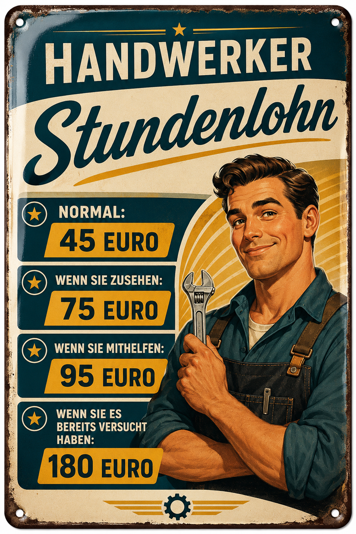 Leotie Handwerker-Stundenlohn-Schild mit Schimmereffekt, Retro-Handwerker und humorvoller Preistabelle