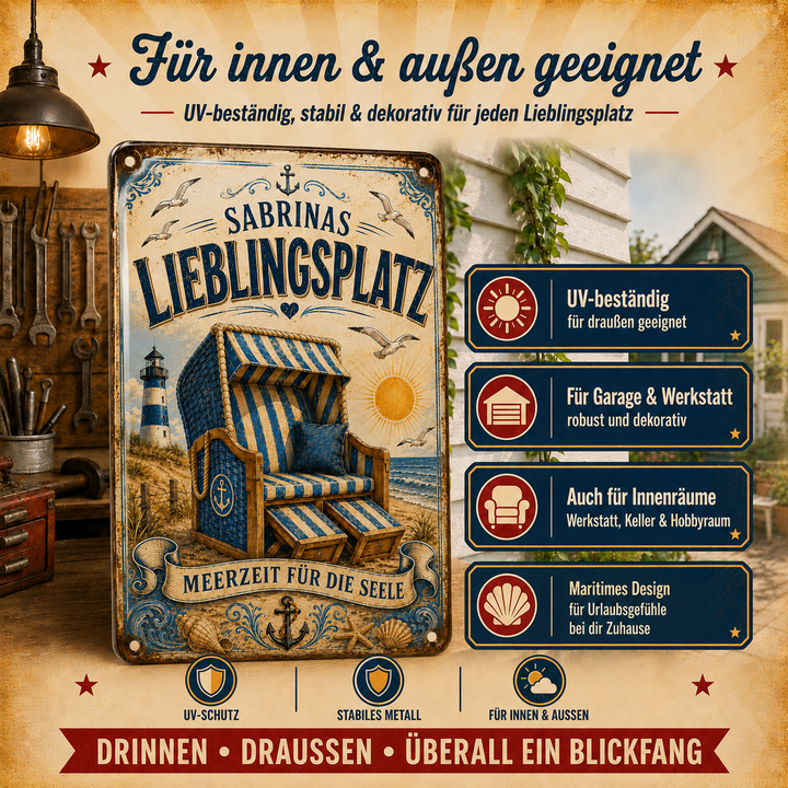 Lieblingsplatz – Strandkorb &amp; Meerzeit – personalisiertes Leotie Metallschild, 20 × 30 cm – Produktabbildung 2