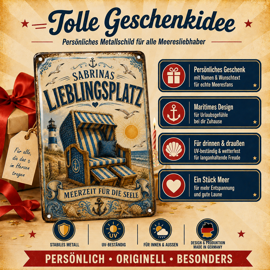 Lieblingsplatz – Strandkorb &amp; Meerzeit – personalisiertes Leotie Metallschild, 20 × 30 cm – Produktabbildung 4