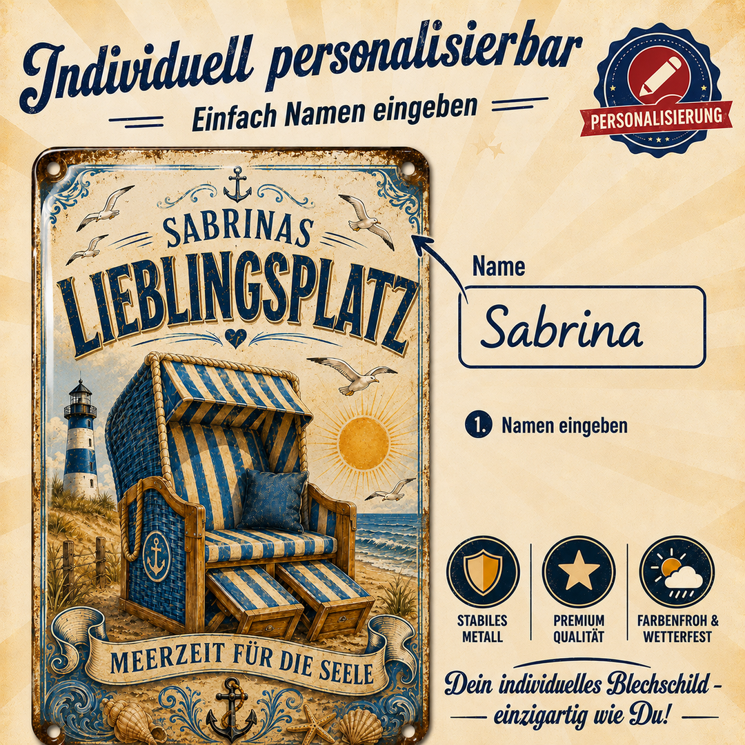 Lieblingsplatz – Strandkorb &amp; Meerzeit – personalisiertes Leotie Metallschild, 20 × 30 cm – Produktabbildung 5