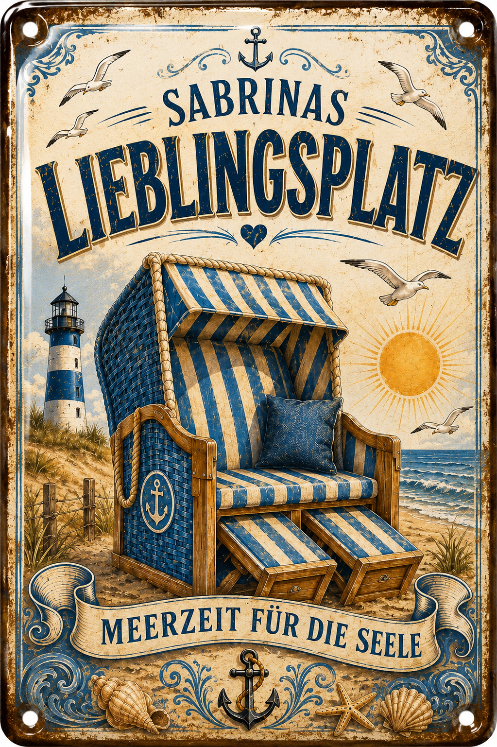 Lieblingsplatz – Strandkorb &amp; Meerzeit – personalisiertes Leotie Metallschild, 20 × 30 cm – Motivansicht