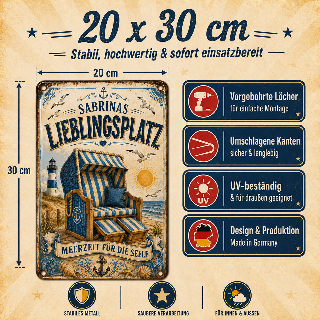 Lieblingsplatz – Strandkorb &amp; Meerzeit – personalisiertes Leotie Metallschild, 20 × 30 cm – Produktabbildung 6