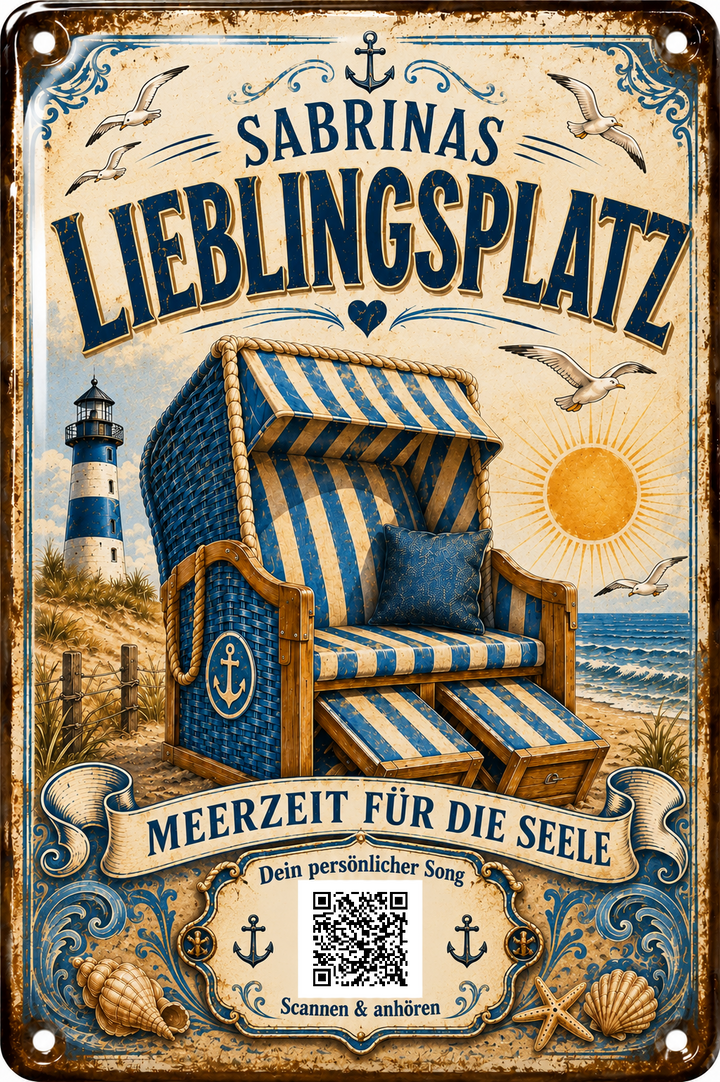 Lieblingsplatz – Strandkorb &amp; Meerzeit – personalisiertes Blechschild – Ausführung mit QR-Code für einen persönlichen Song, 20 × 30 cm