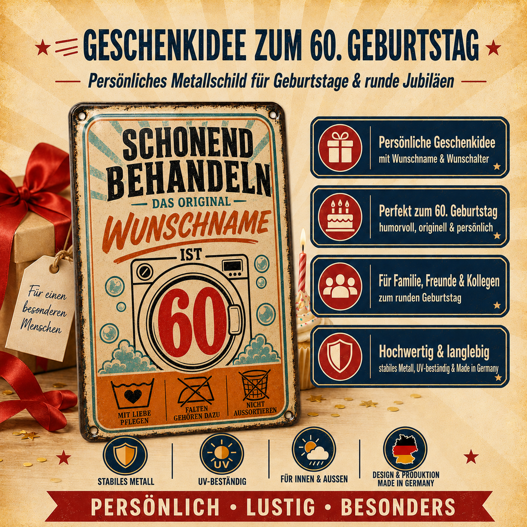 Schonend behandeln – Geburtstag mit Humor – personalisiertes Leotie Metallschild, 20 × 30 cm – Produktabbildung 2