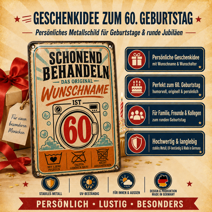 Schonend behandeln – Geburtstag mit Humor – personalisiertes Leotie Metallschild, 20 × 30 cm – Produktabbildung 2