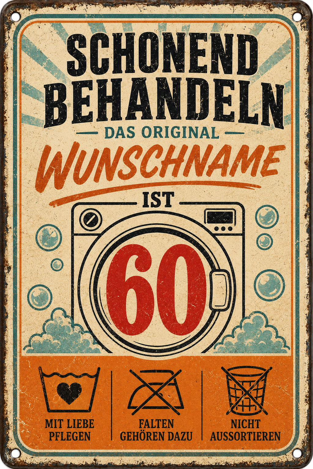 Schonend behandeln – Geburtstag mit Humor – personalisiertes Leotie Metallschild, 20 × 30 cm – Produktabbildung 3