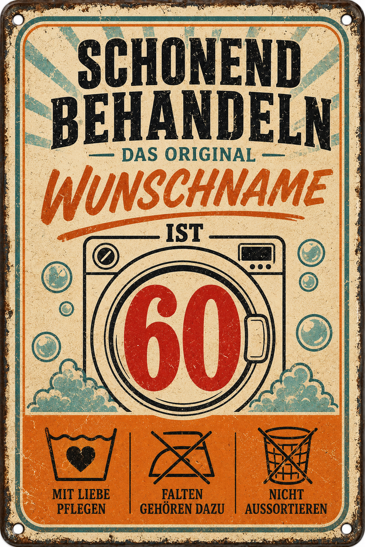 Schonend behandeln – Geburtstag mit Humor – personalisiertes Leotie Metallschild, 20 × 30 cm – Produktabbildung 3