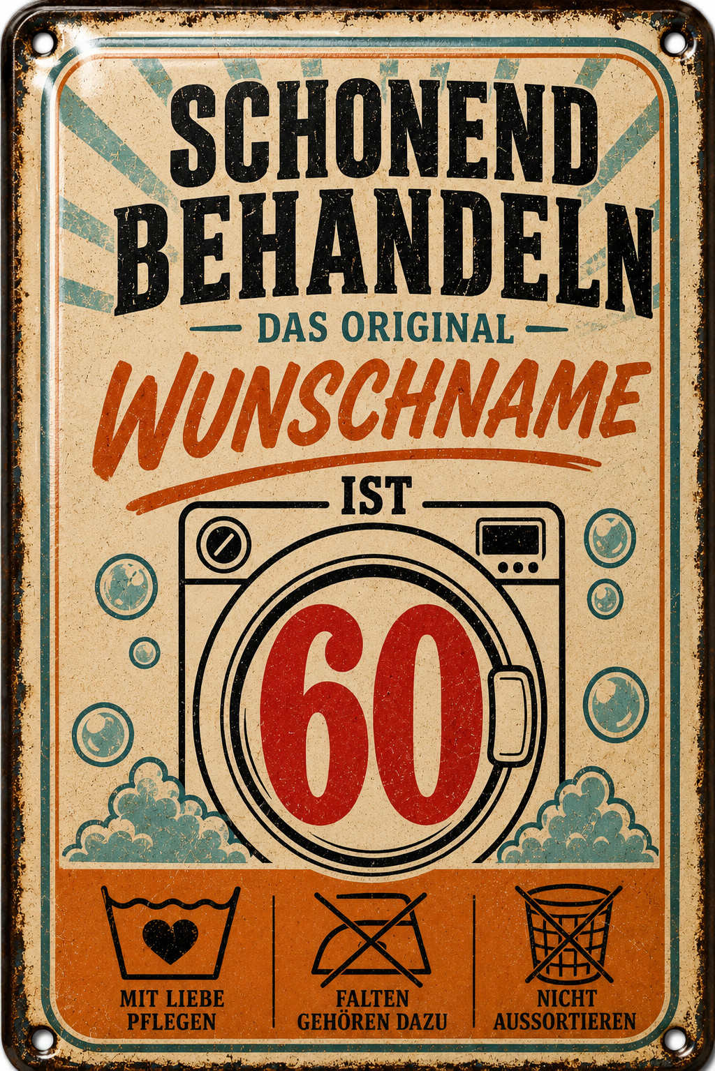 Schonend behandeln – Geburtstag mit Humor – personalisiertes Leotie Metallschild, 20 × 30 cm – Motivansicht