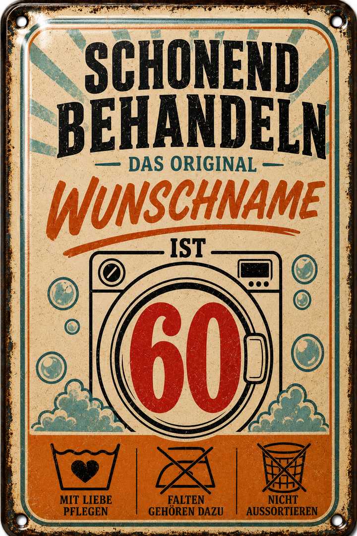 Schonend behandeln – Geburtstag mit Humor – personalisiertes Leotie Metallschild, 20 × 30 cm – Motivansicht