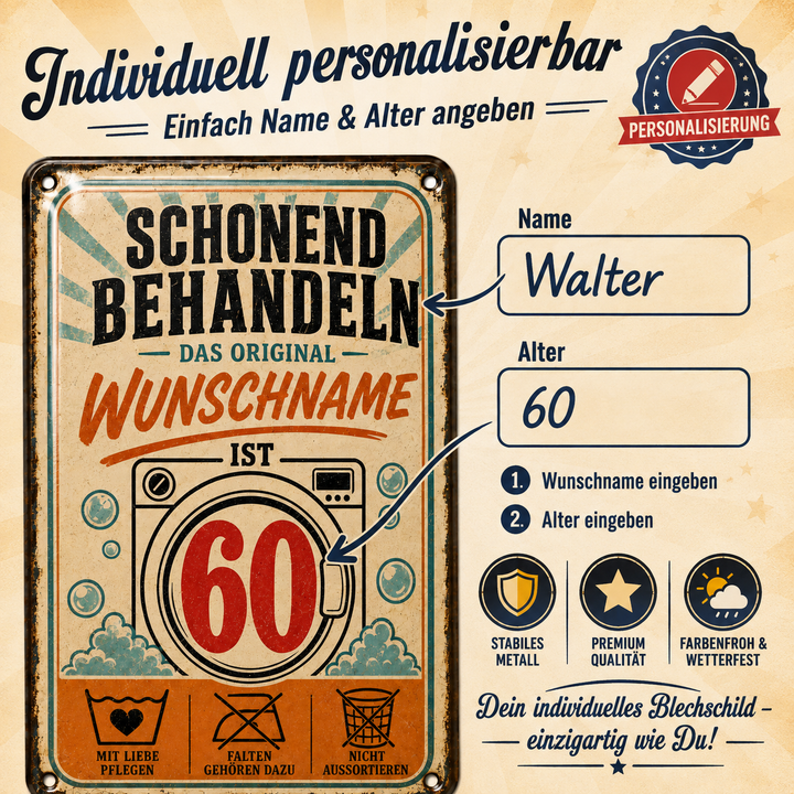 Schonend behandeln – Geburtstag mit Humor – personalisiertes Leotie Metallschild, 20 × 30 cm – Produktabbildung 4