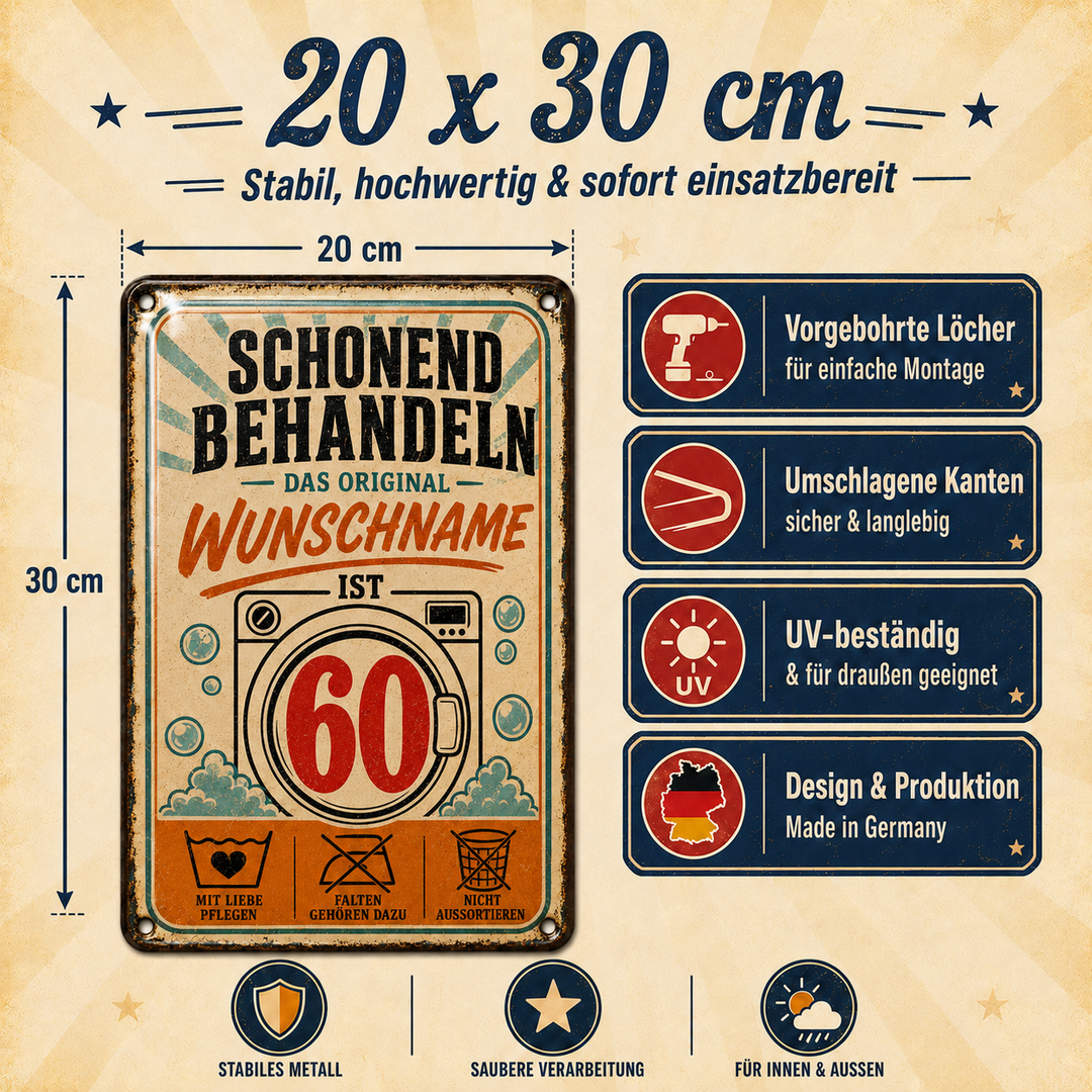Schonend behandeln – Geburtstag mit Humor – personalisiertes Leotie Metallschild, 20 × 30 cm – Produktabbildung 5