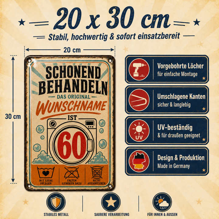 Schonend behandeln – Geburtstag mit Humor – personalisiertes Leotie Metallschild, 20 × 30 cm – Produktabbildung 5
