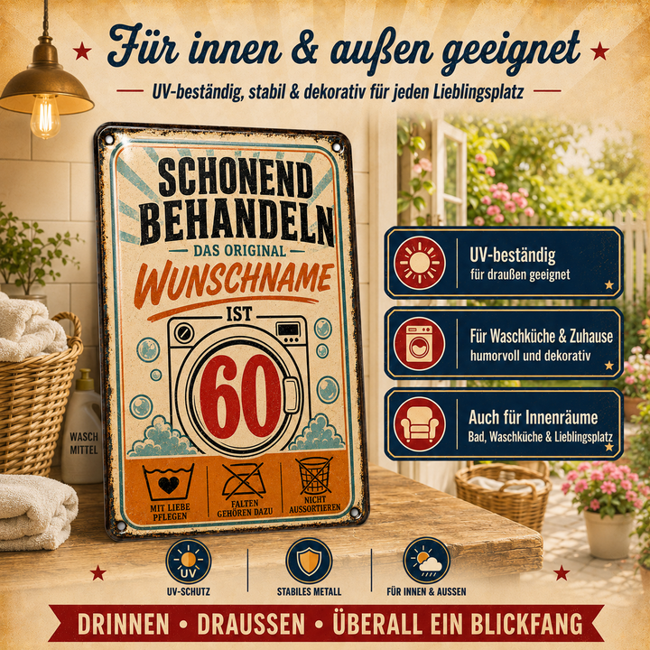 Schonend behandeln – Geburtstag mit Humor – personalisiertes Leotie Metallschild, 20 × 30 cm – Produktabbildung 6