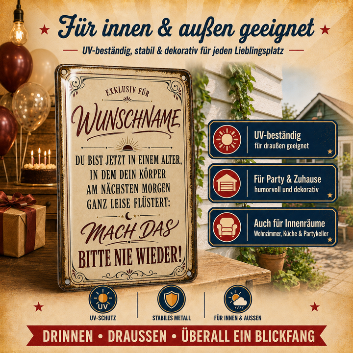 Mach das bitte nie wieder – Geburtstagsspruch – personalisiertes Leotie Metallschild, 20 × 30 cm – Produktabbildung 2