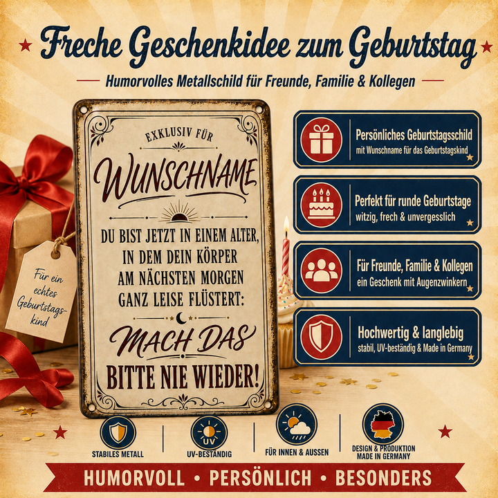 Mach das bitte nie wieder – Geburtstagsspruch – personalisiertes Leotie Metallschild, 20 × 30 cm – Produktabbildung 4
