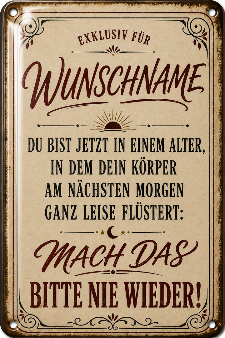 Mach das bitte nie wieder – Geburtstagsspruch – personalisiertes Leotie Metallschild, 20 × 30 cm – Motivansicht