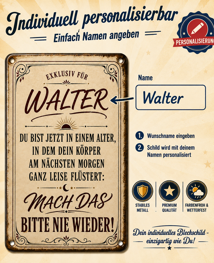 Mach das bitte nie wieder – Geburtstagsspruch – personalisiertes Leotie Metallschild, 20 × 30 cm – Produktabbildung 5