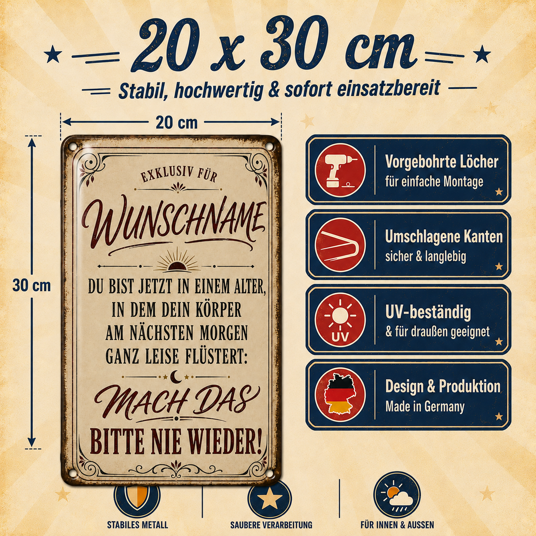 Mach das bitte nie wieder – Geburtstagsspruch – personalisiertes Leotie Metallschild, 20 × 30 cm – Produktabbildung 6