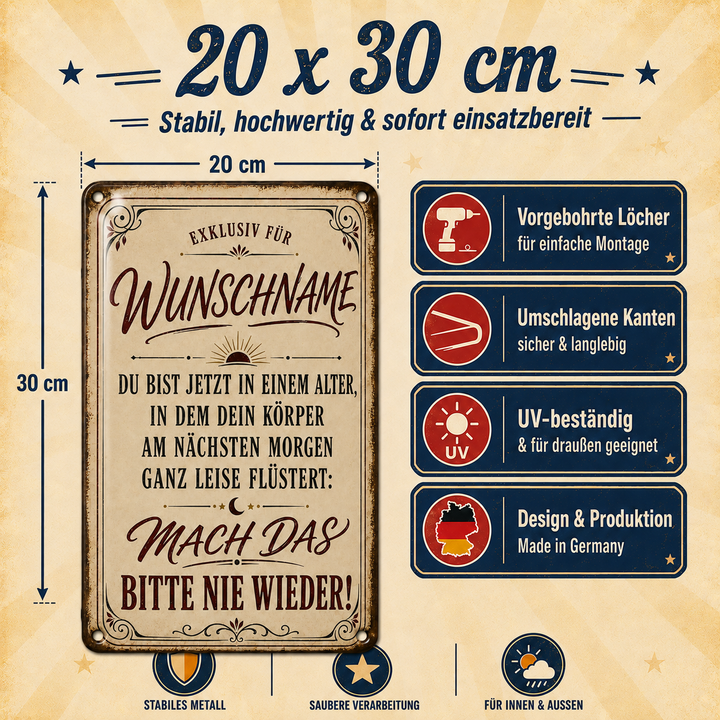 Mach das bitte nie wieder – Geburtstagsspruch – personalisiertes Leotie Metallschild, 20 × 30 cm – Produktabbildung 6