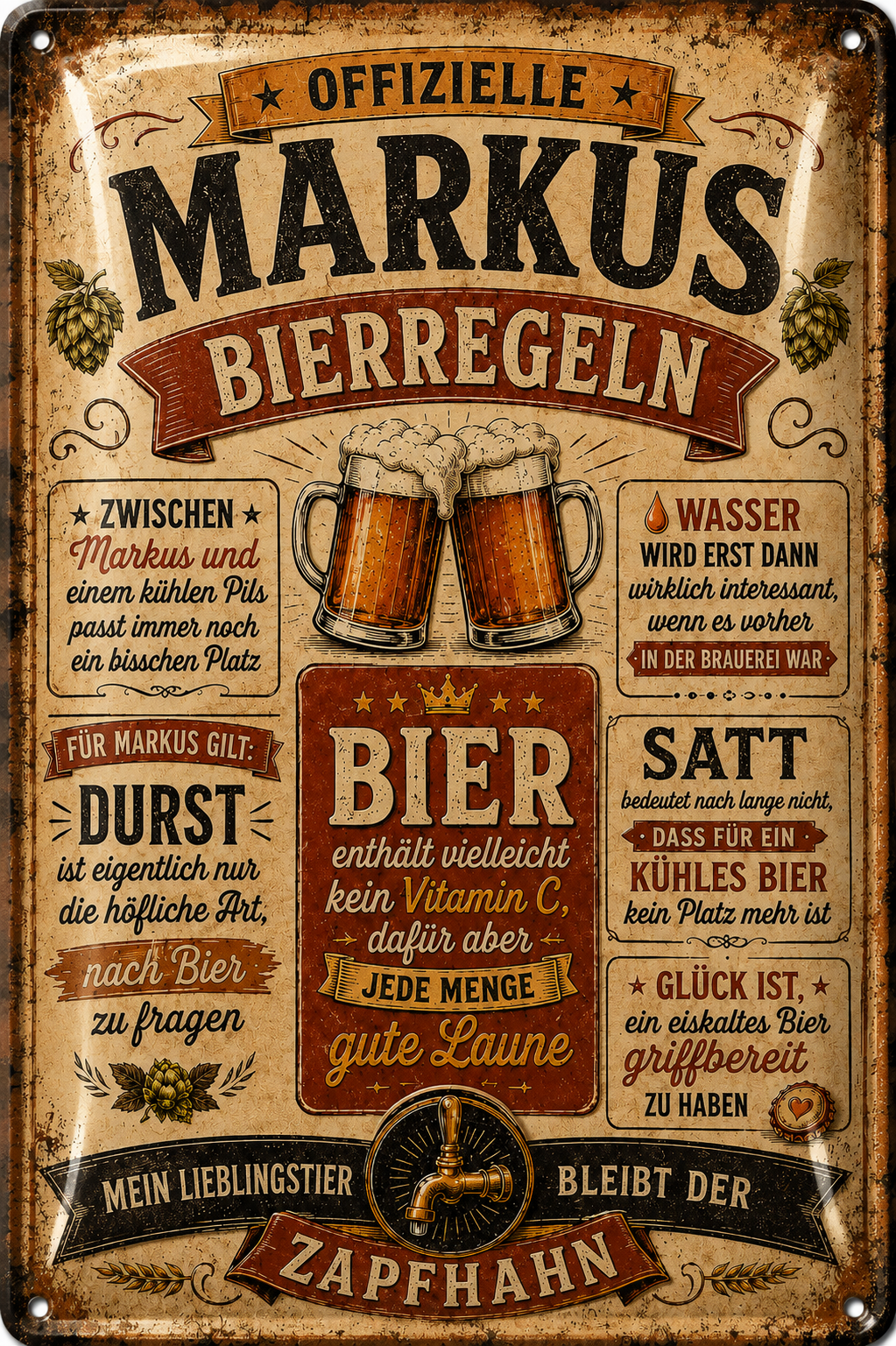 Bierregeln – Zapfhahn in Braun-Rot – personalisiertes Leotie Metallschild, 20 × 30 cm – Motivansicht