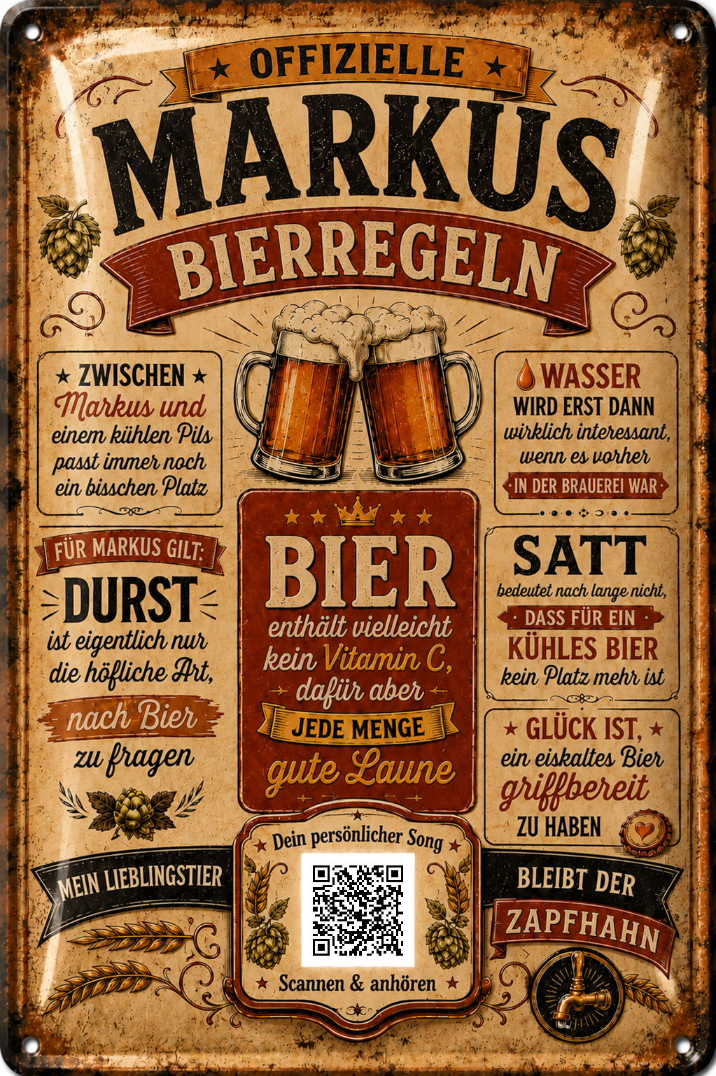 Bierregeln – Zapfhahn in Braun-Rot – personalisiertes Blechschild – Ausführung mit QR-Code für einen persönlichen Song, 20 × 30 cm
