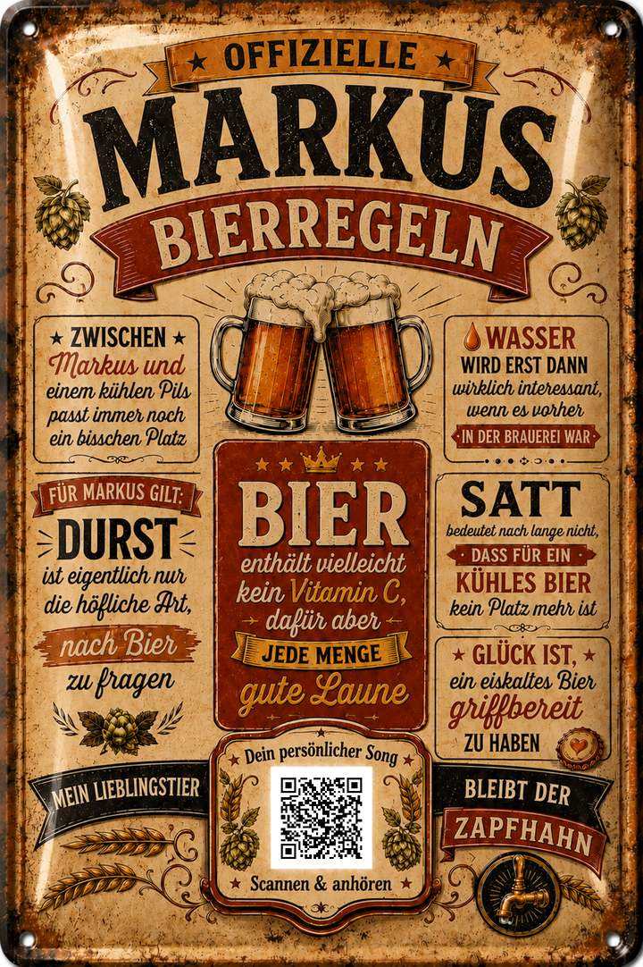 Bierregeln – Zapfhahn in Braun-Rot – personalisiertes Blechschild – Ausführung mit QR-Code für einen persönlichen Song, 20 × 30 cm