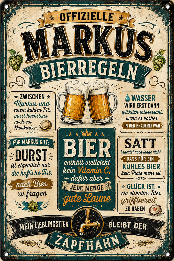 Bierregeln – Zapfhahn in Grün – personalisiertes Leotie Metallschild, 20 × 30 cm – Motivansicht