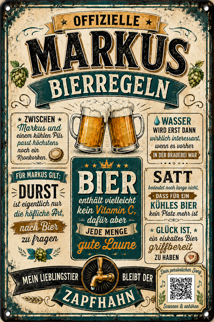 Bierregeln – Zapfhahn in Grün – personalisiertes Blechschild – Ausführung mit QR-Code für einen persönlichen Song, 20 × 30 cm