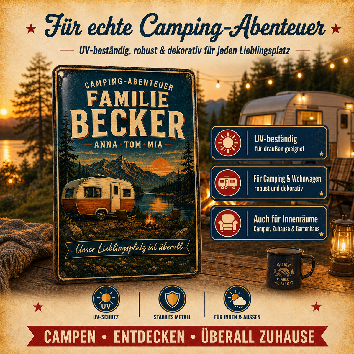 Camping-Abenteuer – Familie am See – personalisiertes Leotie Metallschild, 20 × 30 cm – Produktabbildung 2