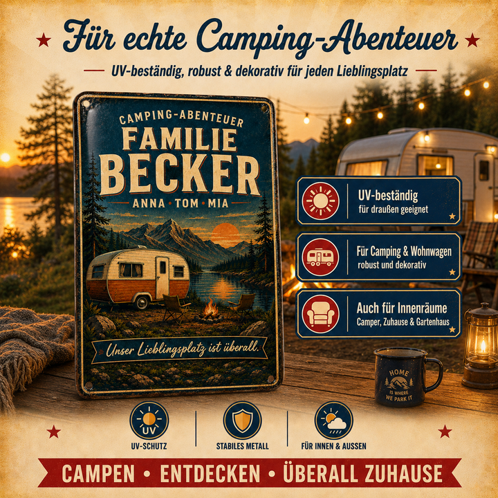 Camping-Abenteuer – Familie am See – personalisiertes Leotie Metallschild, 20 × 30 cm – Produktabbildung 2