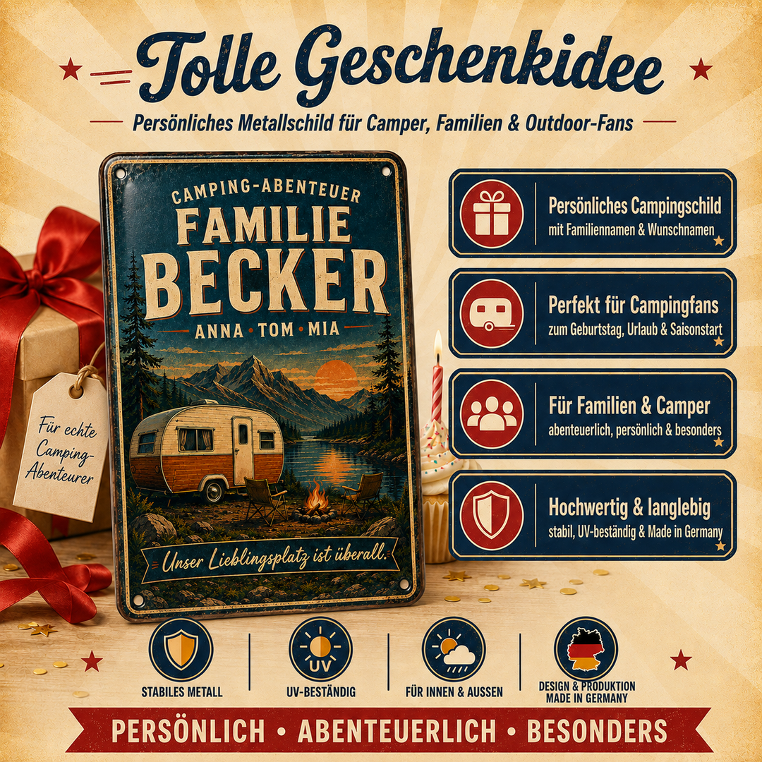 Camping-Abenteuer – Familie am See – personalisiertes Leotie Metallschild, 20 × 30 cm – Produktabbildung 3