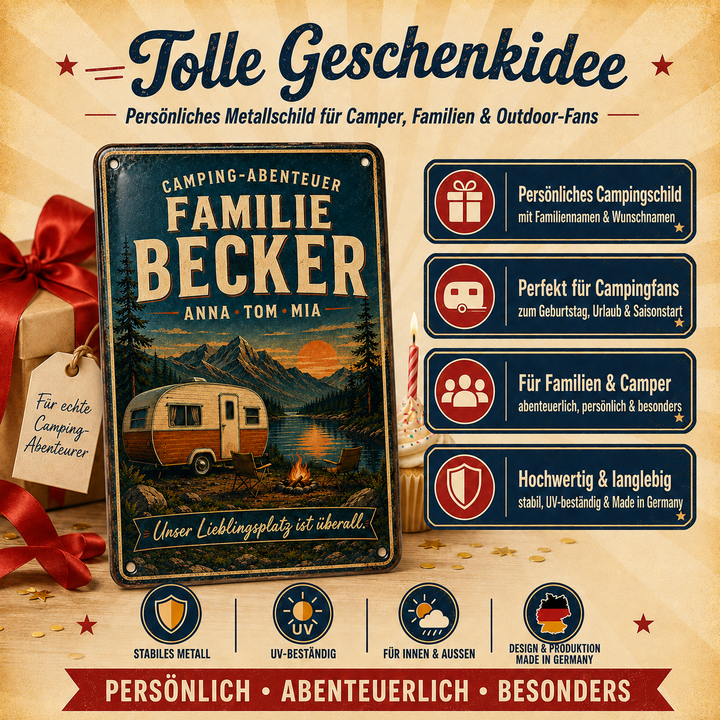 Camping-Abenteuer – Familie am See – personalisiertes Leotie Metallschild, 20 × 30 cm – Produktabbildung 3