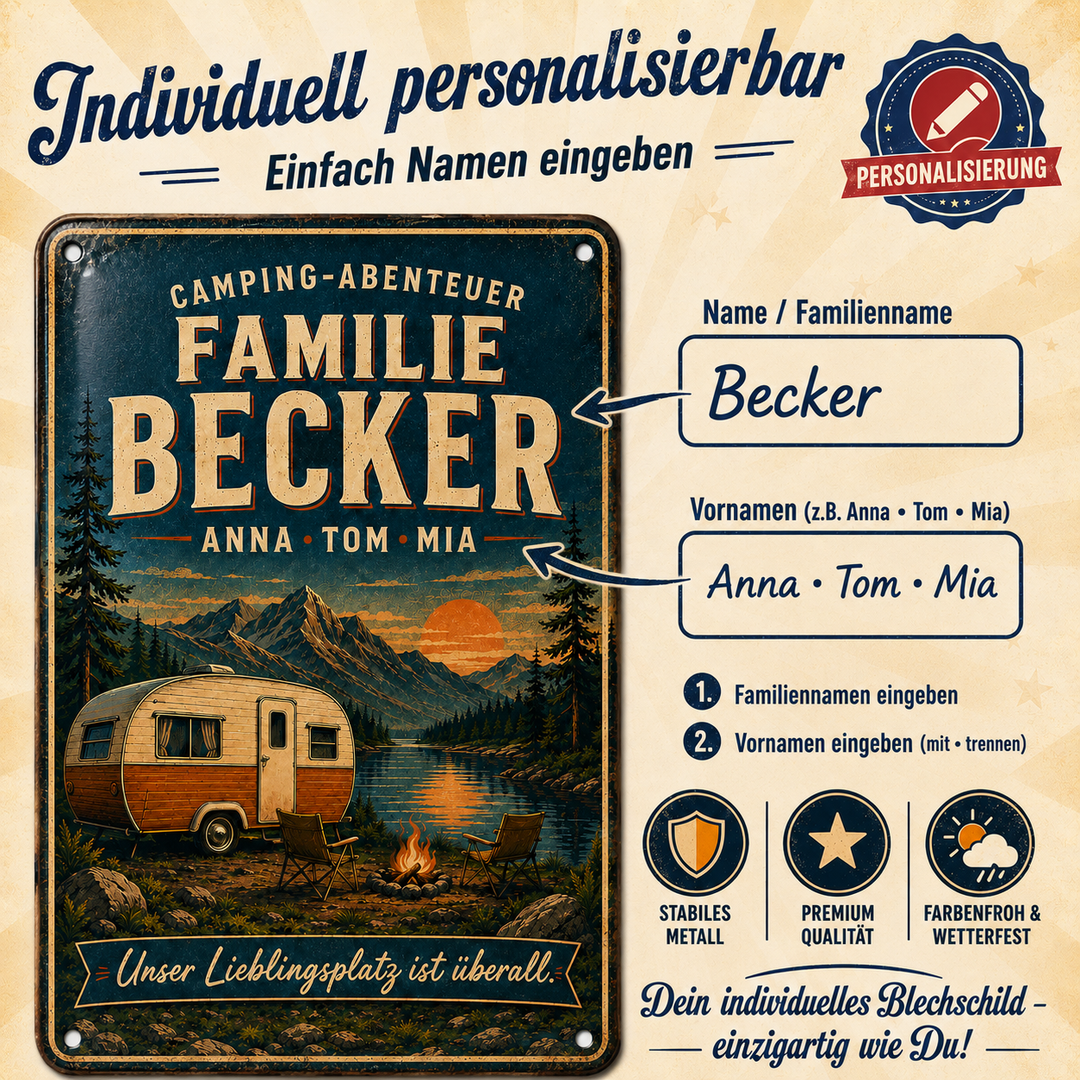 Camping-Abenteuer – Familie am See – personalisiertes Leotie Metallschild, 20 × 30 cm – Produktabbildung 4
