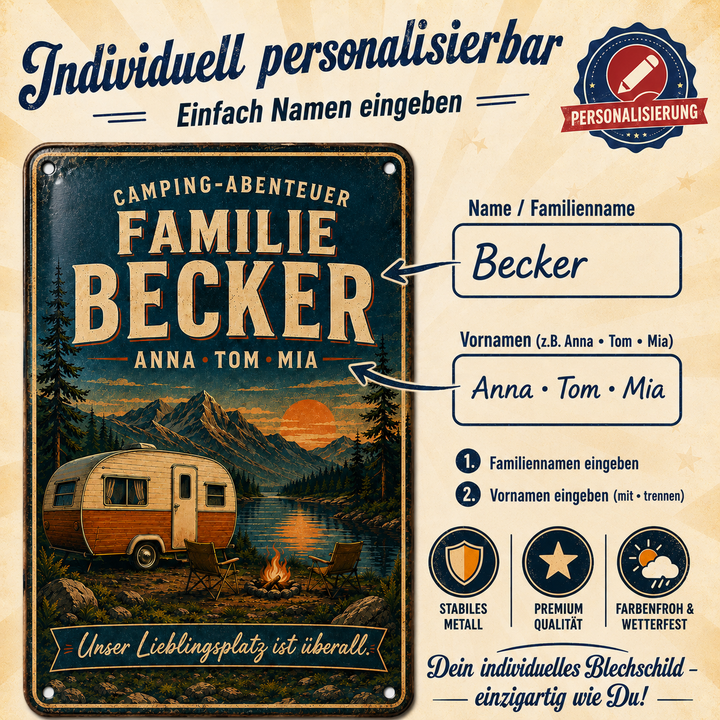 Camping-Abenteuer – Familie am See – personalisiertes Leotie Metallschild, 20 × 30 cm – Produktabbildung 4