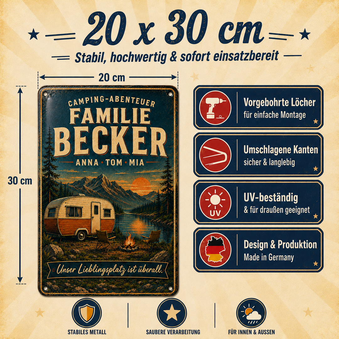 Camping-Abenteuer – Familie am See – personalisiertes Leotie Metallschild, 20 × 30 cm – Produktabbildung 6