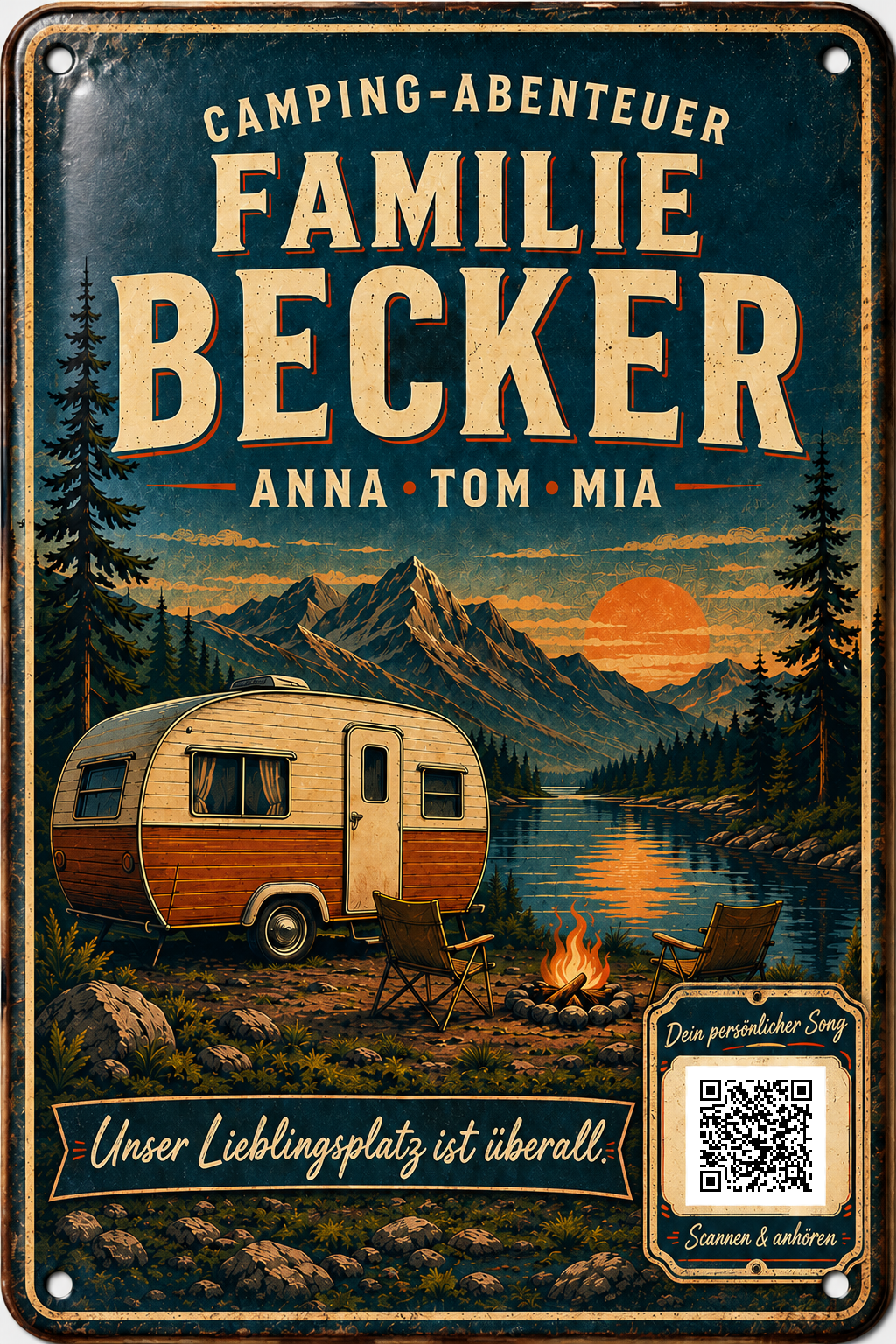 Camping-Abenteuer – Familie am See – personalisiertes Blechschild – Ausführung mit QR-Code für einen persönlichen Song, 20 × 30 cm