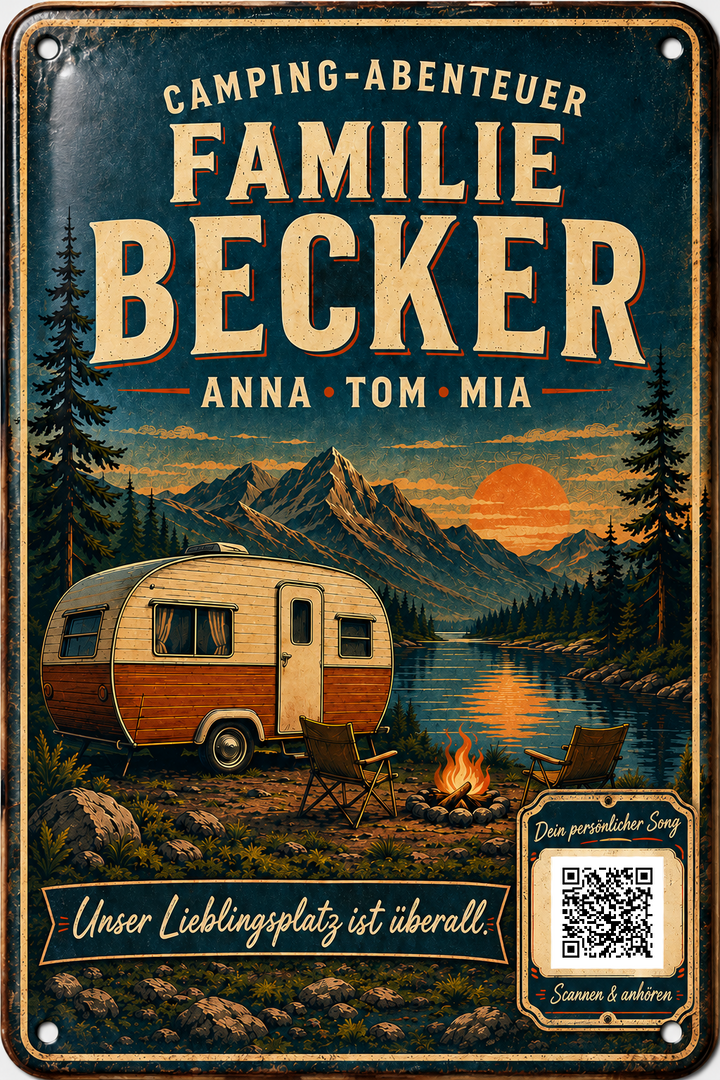 Camping-Abenteuer – Familie am See – personalisiertes Blechschild – Ausführung mit QR-Code für einen persönlichen Song, 20 × 30 cm