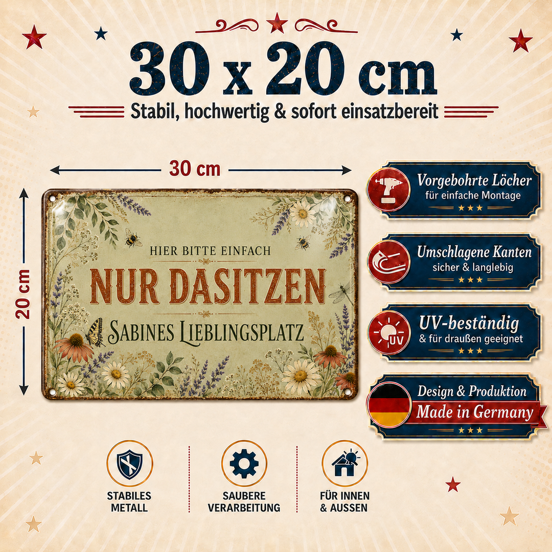 Nur dasitzen – Persönlicher Lieblingsplatz – personalisiertes Leotie Metallschild, 30 × 20 cm – Produktabbildung 4