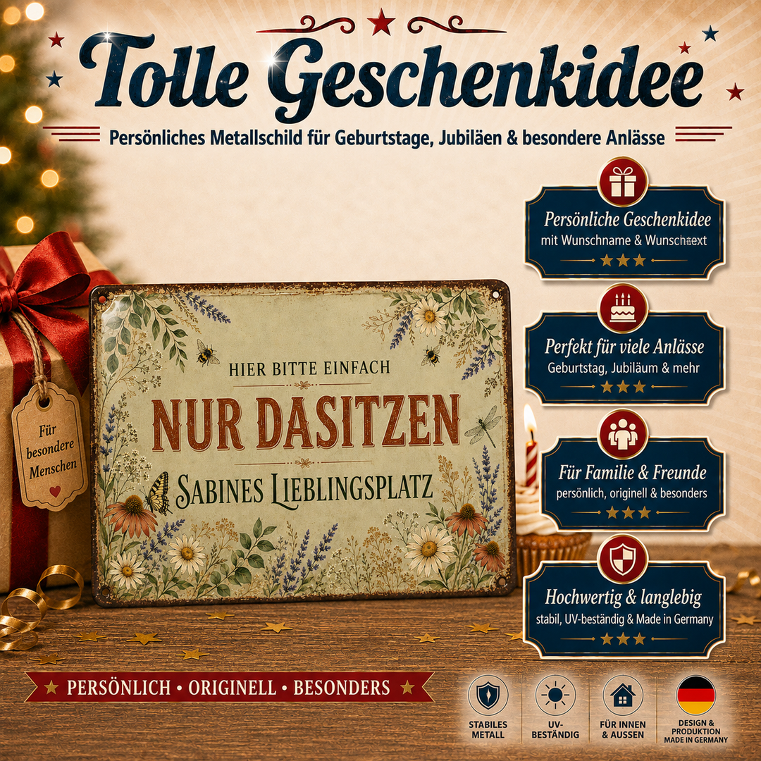 Nur dasitzen – Persönlicher Lieblingsplatz – personalisiertes Leotie Metallschild, 30 × 20 cm – Produktabbildung 5