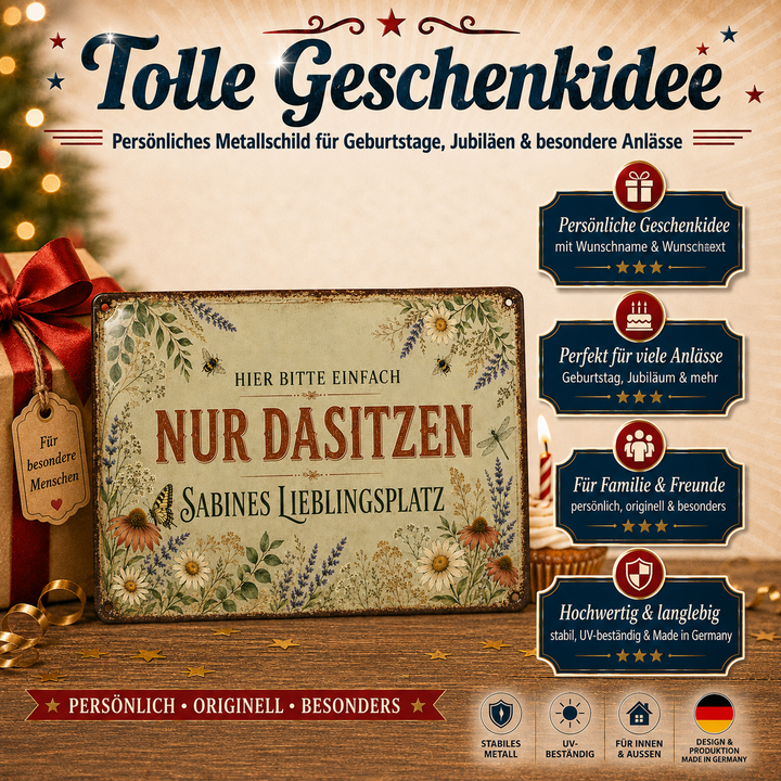 Nur dasitzen – Persönlicher Lieblingsplatz – personalisiertes Leotie Metallschild, 30 × 20 cm – Produktabbildung 5