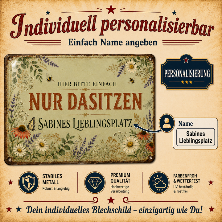 Nur dasitzen – Persönlicher Lieblingsplatz – personalisiertes Leotie Metallschild, 30 × 20 cm – Produktabbildung 6